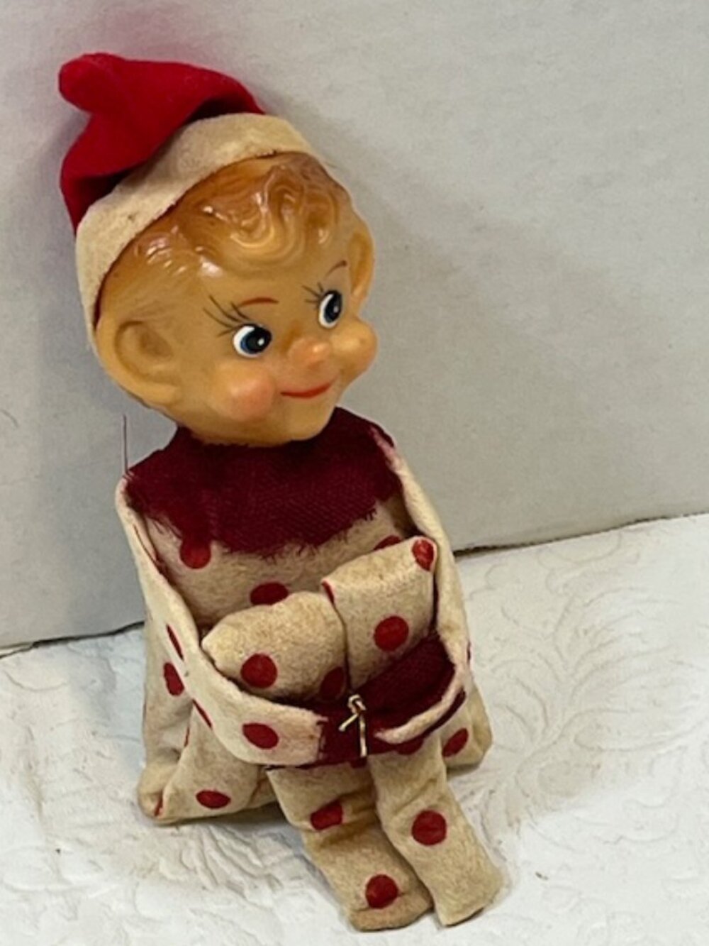 VTG Christmas Kitschy Knee Hugger Elf Pixie Polka Dot Outfit Japan 2"x1.5"x4.5"